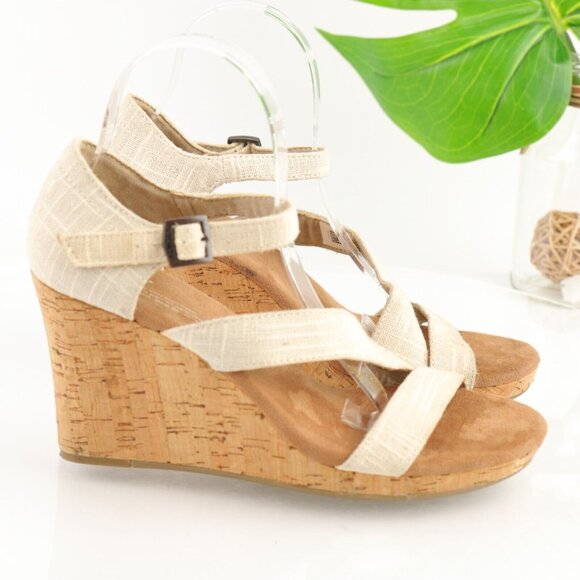 TOMS Womens Clarissa Sandal Size 9 Tan Strappy Linen Cork Wedge Platform Boho - Picture 1 of 12